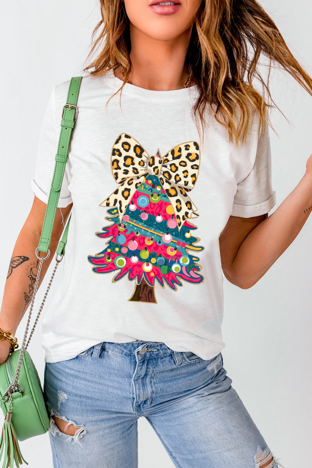 Leopard Bow Décor Christmas Tree Graphic Crew Neck Tee