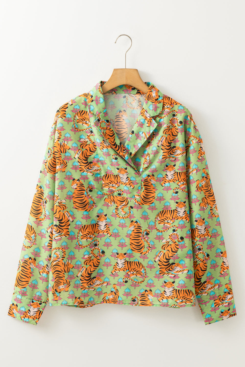 Tiger Floral Printed Collared V Neck Casual Shirt