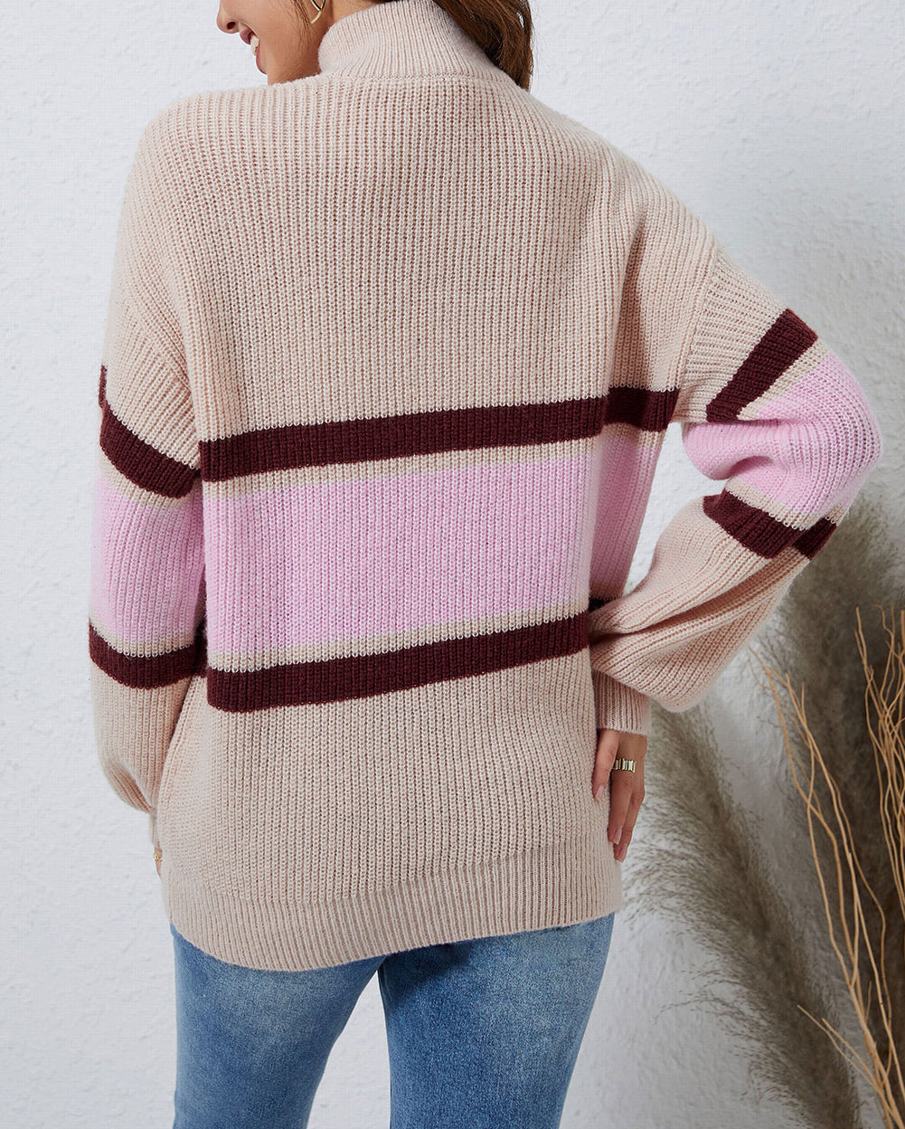 Striped Color Block Knit Zip Collared Sweater