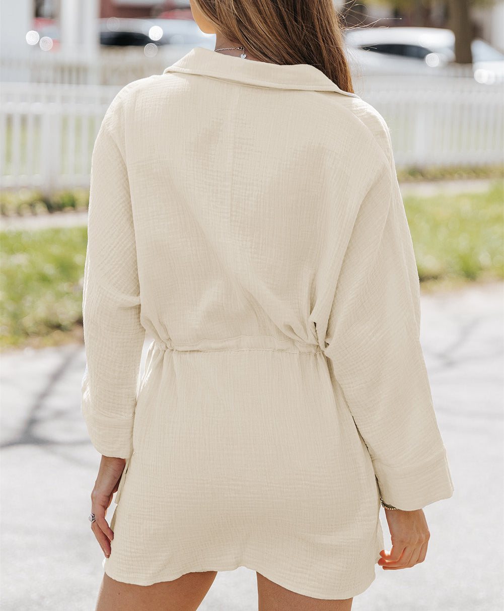 Button Pockets Drawstring Waist Dress