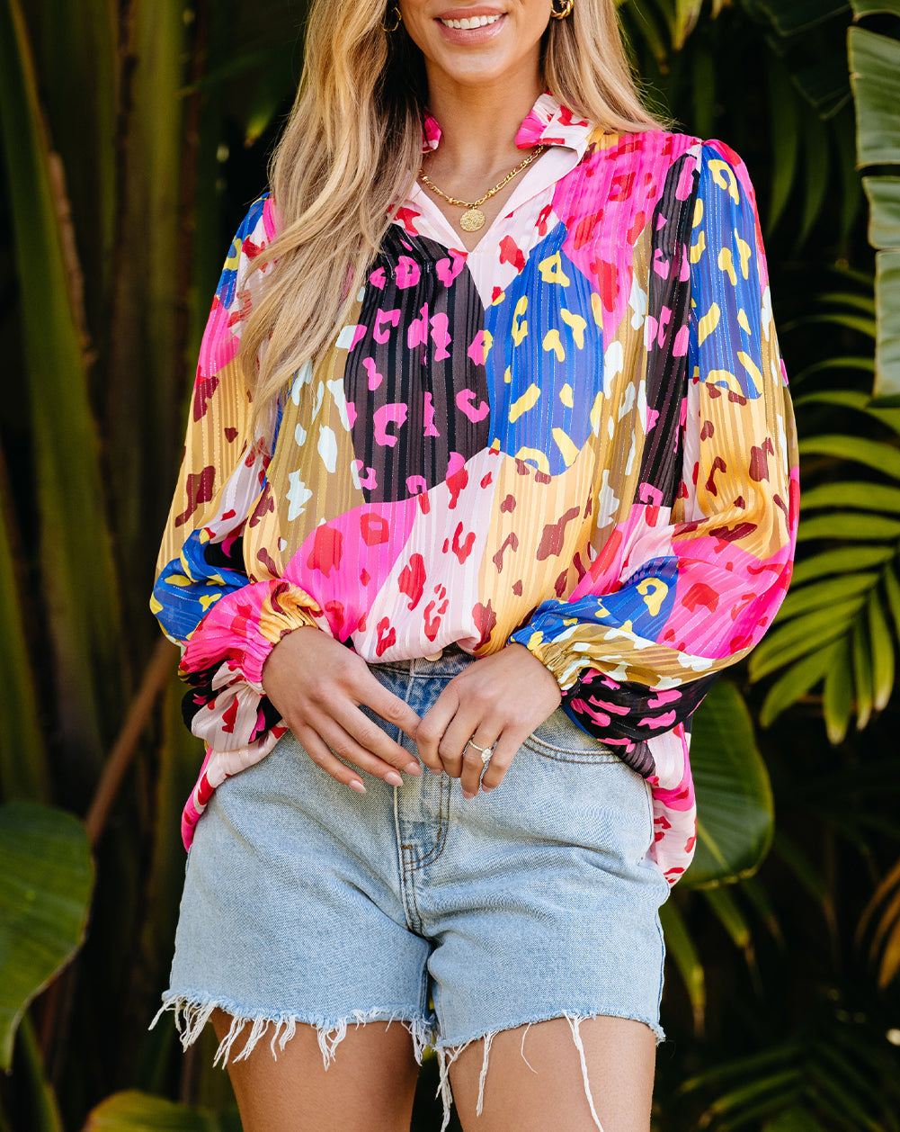 Leopard Patchwork Print Pleated Blouse