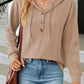 Button Front Textured Drawstring Hooded Long Sleeve Top