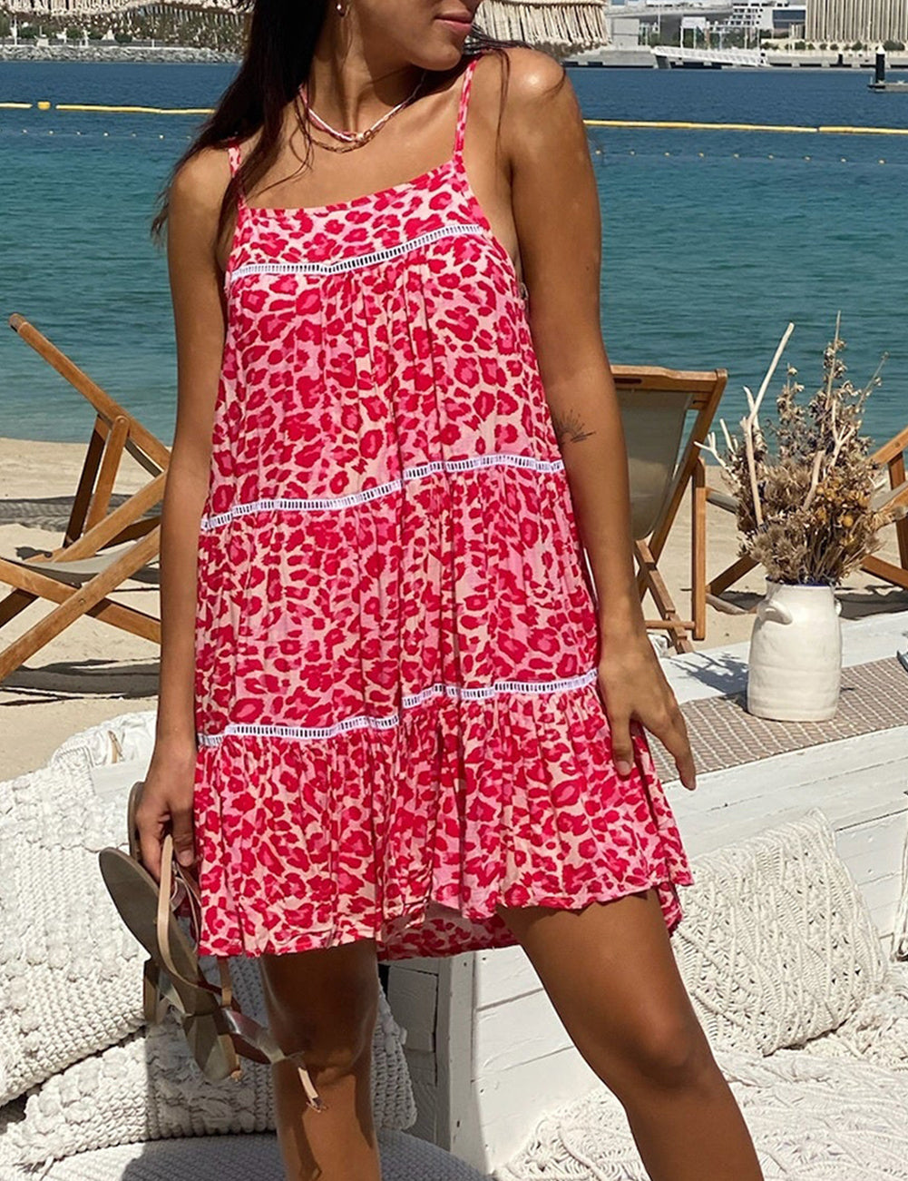 Leopard Print Lace Trim Flared Sundress