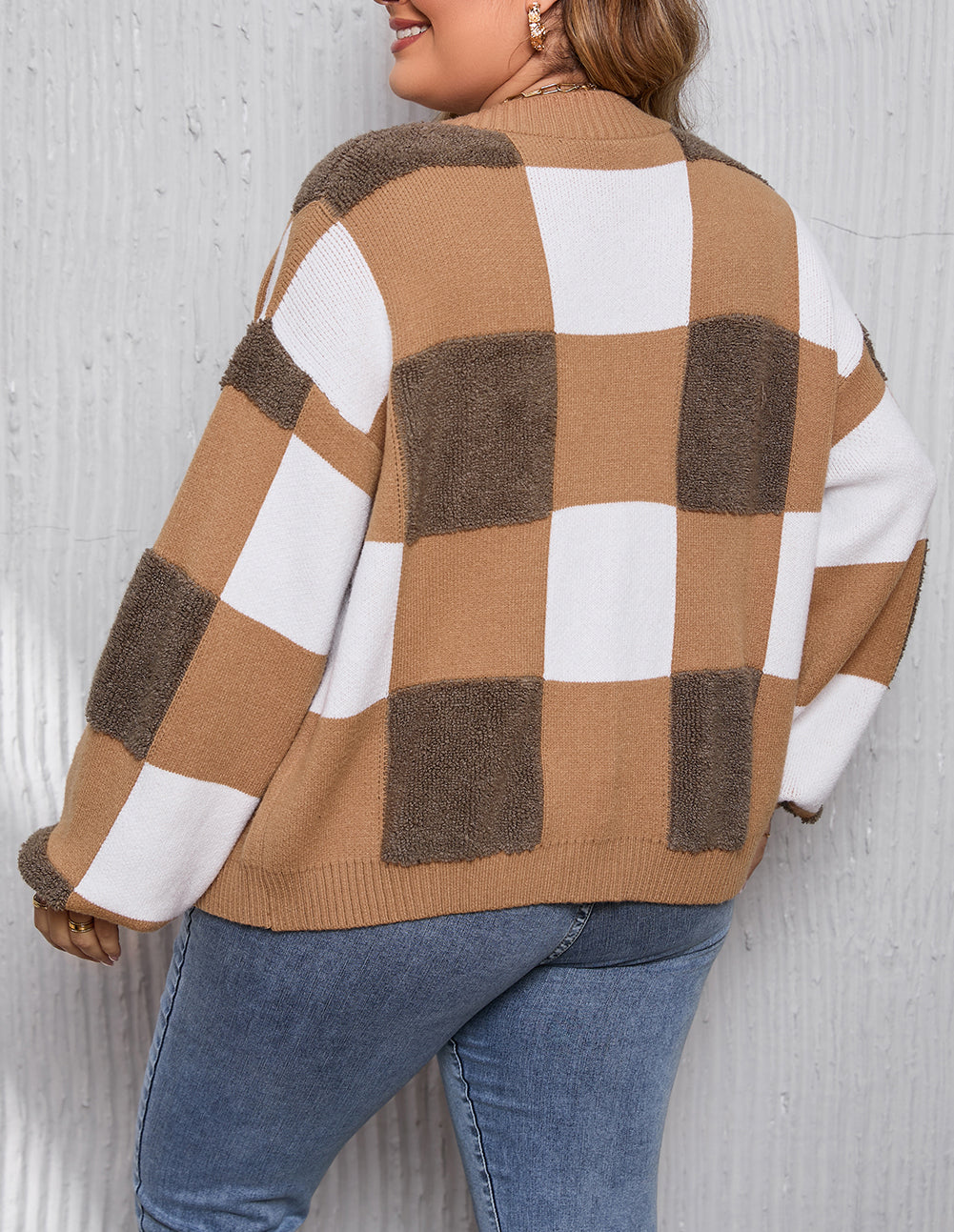 Checkered Knit Ribbed Trim Buttoned Plus Cardigan