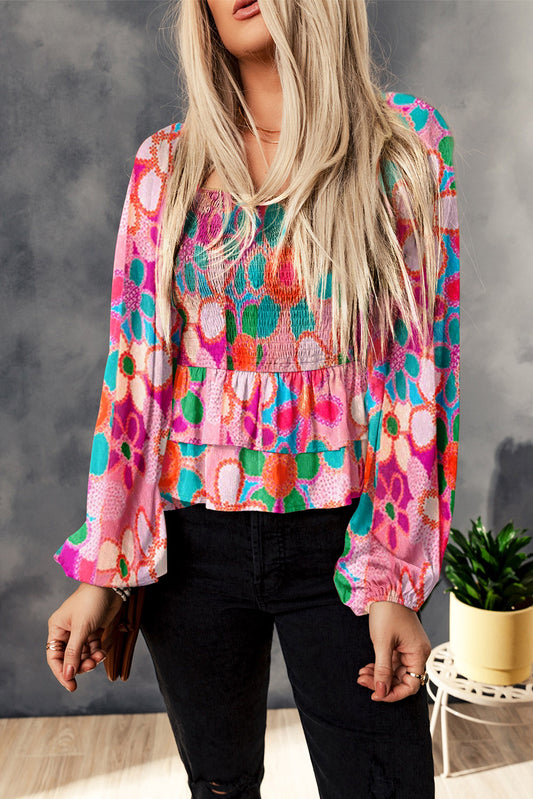 Floral Print Smocked Square Neck Ruffles Blouse