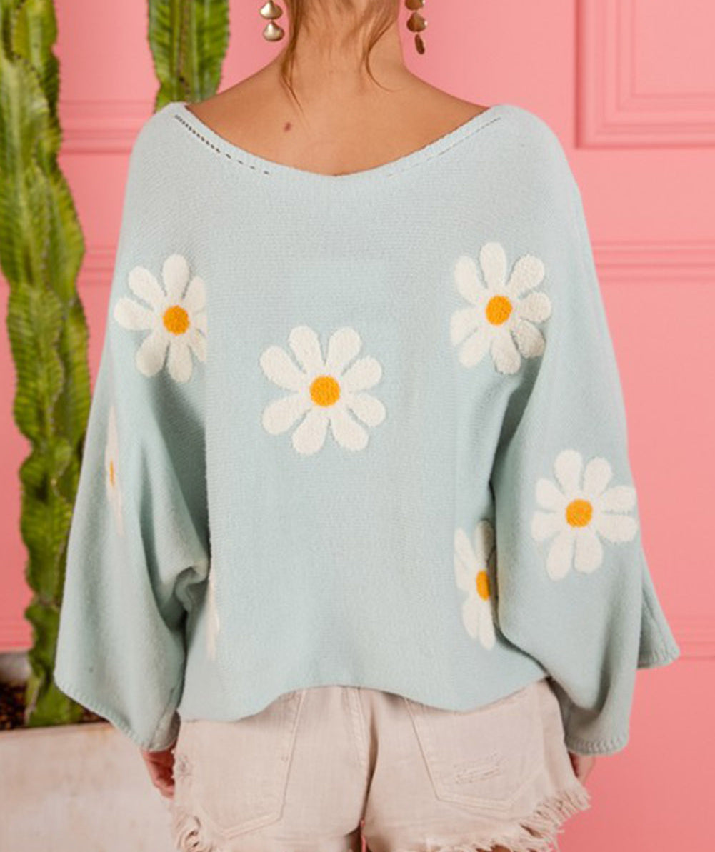 Flower Embroidery Batwing Sleeve Loose Sweater