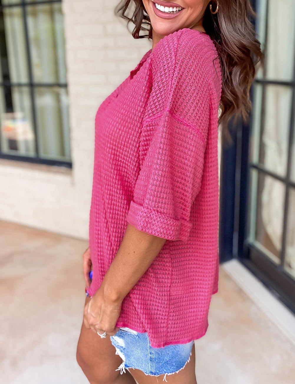 Textured Knit Split Neck Cuffed Short Sleeve Top