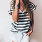 Striped V Neck Ruffle Sleeve Top