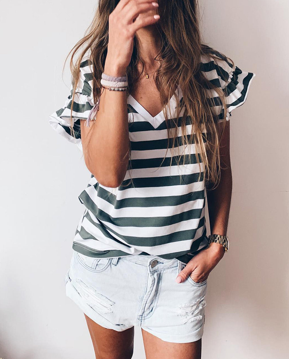 Striped V Neck Ruffle Sleeve Top