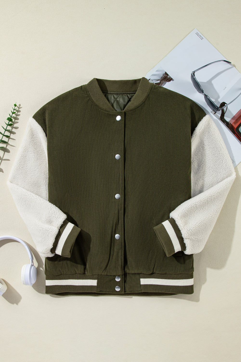 Corduroy Fleece Patchwork Buttoned Bomber Jacket