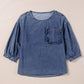 3/4 Sleeve Ruffled Patched Pocket Denim Blouse