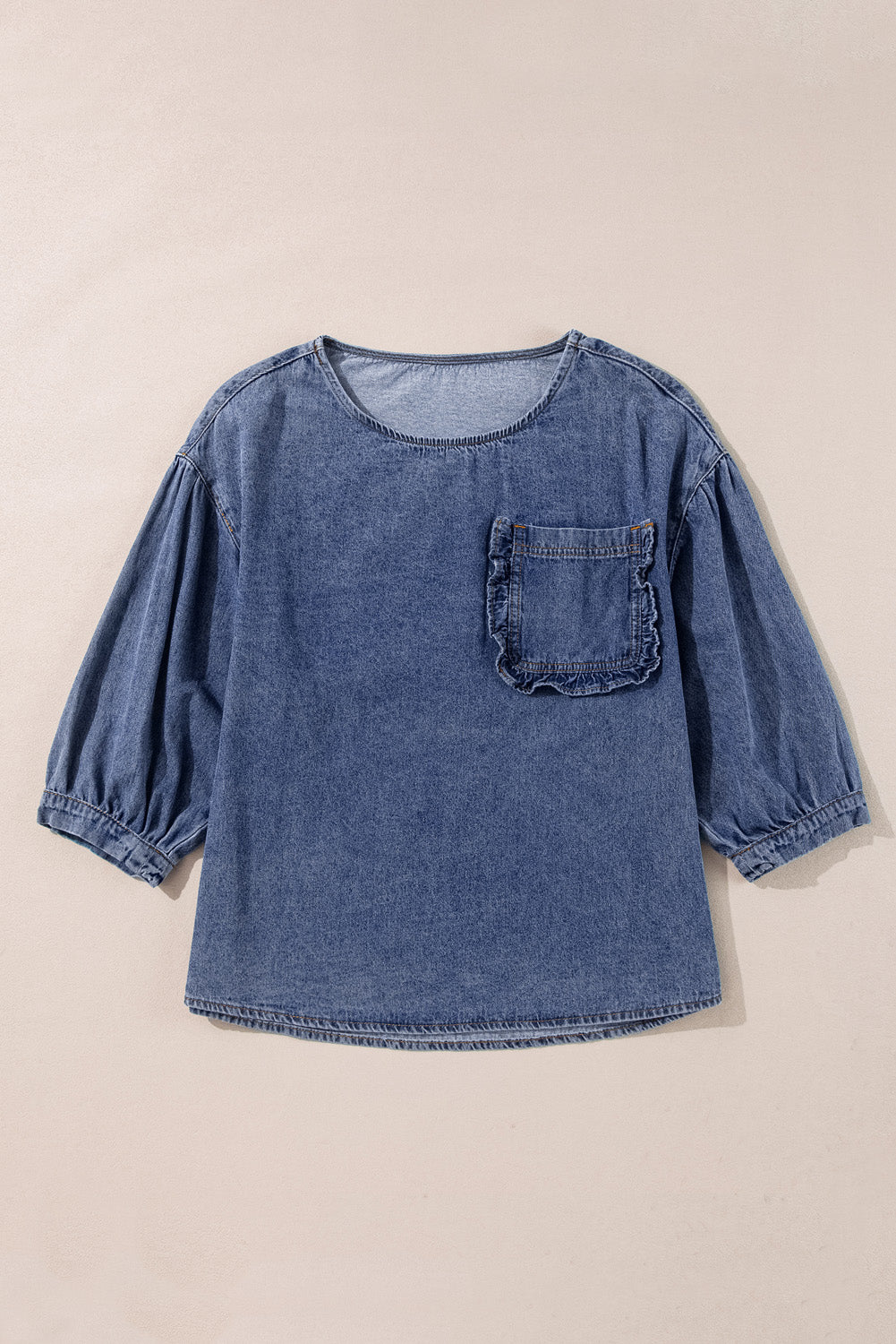 3/4 Sleeve Ruffled Patched Pocket Denim Blouse