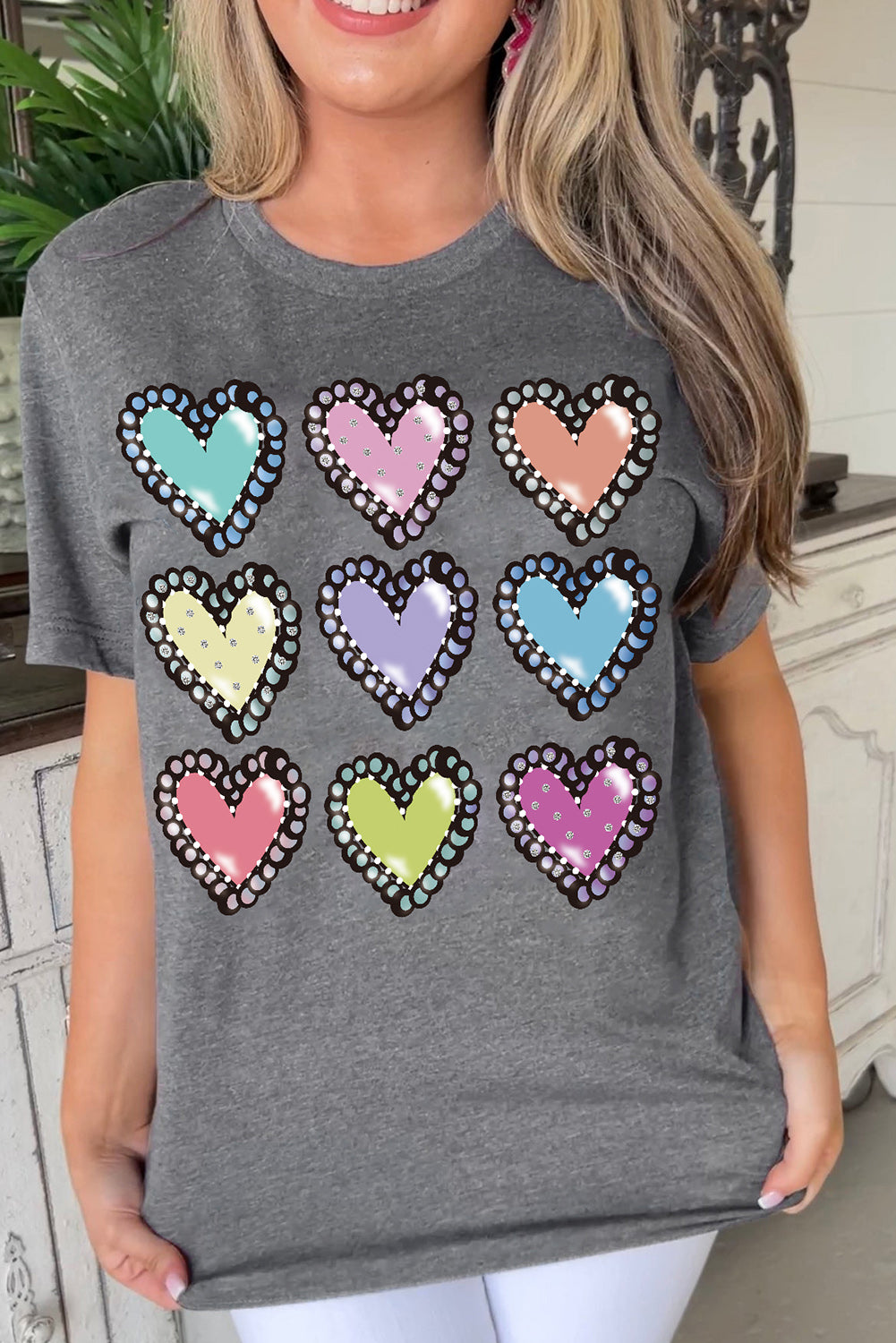 Colorful Heart Shaped Print Crew Neck Casual Tee