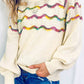 Wavy Striped Pointelle Bishop Sleeve Sweater