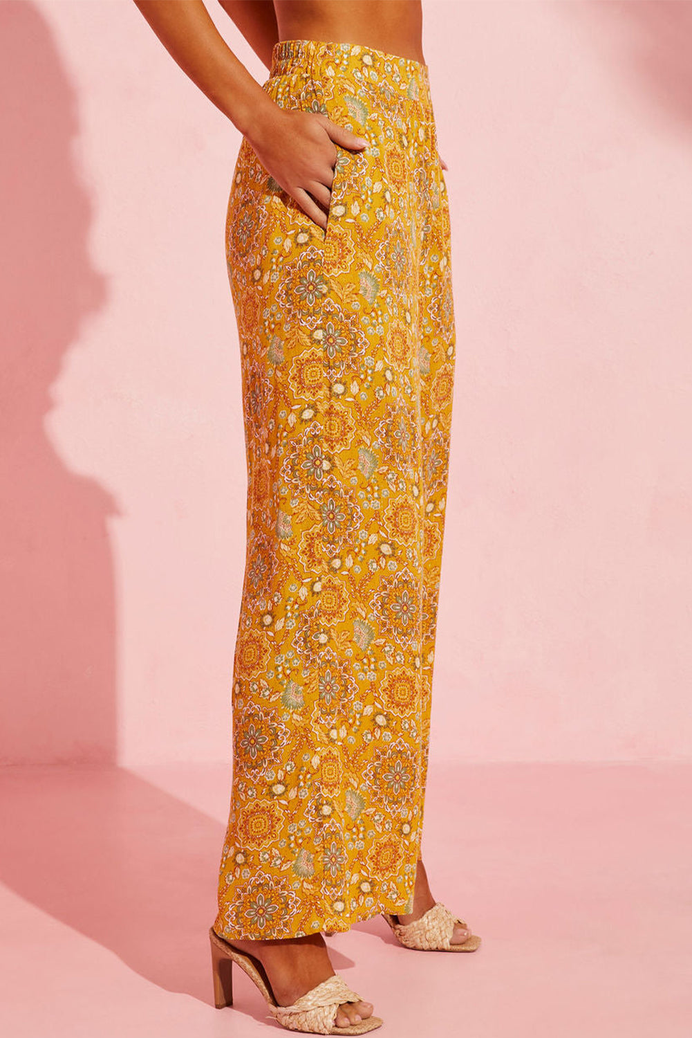 Bohemian Floral Print Pocketed Wide Leg Pants