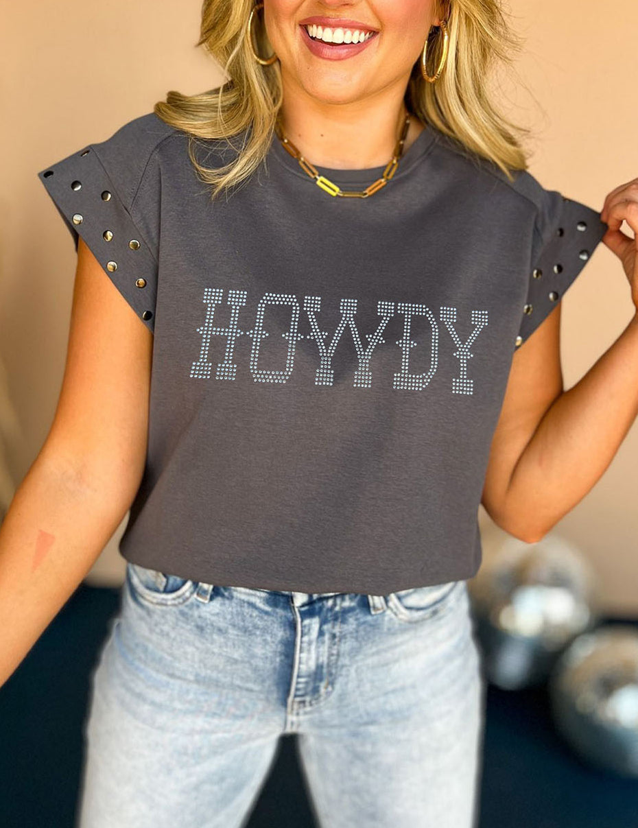 Rhinestone HOWDY Graphic Studded Sleeve T Shirt