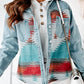 Multicolor Aztec Print Frayed Hem Denim Jacket