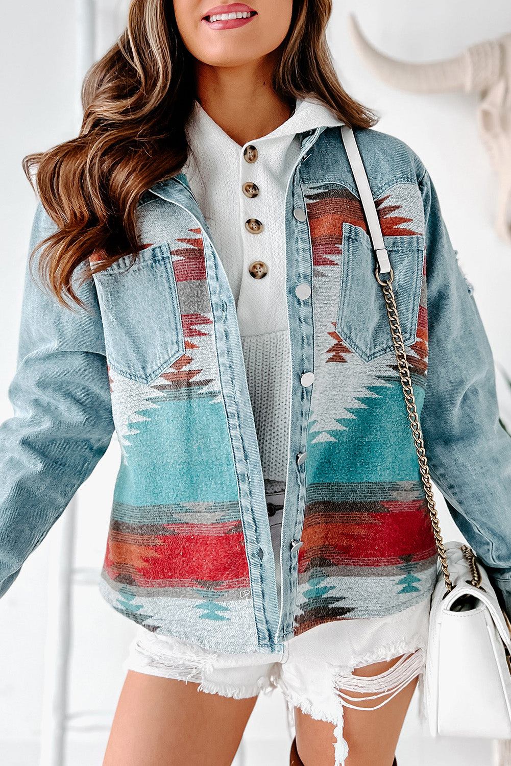 Multicolor Aztec Print Frayed Hem Denim Jacket