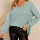 Waffle Knit V Neck Long Sleeve Loose Tunic Top
