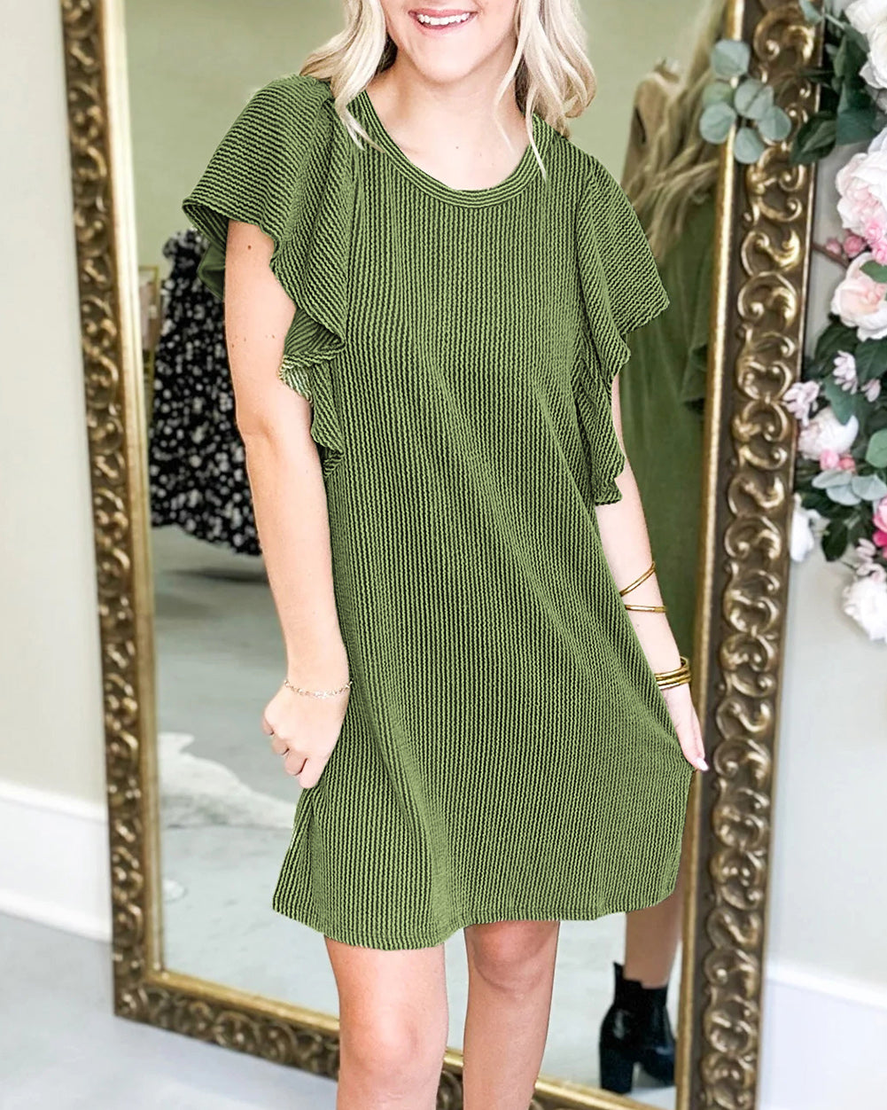 Flutter Sleeve Ribbed Shift Dress