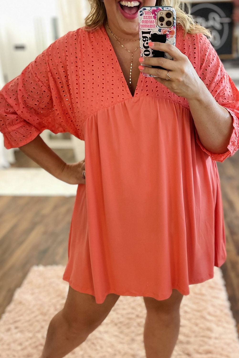 Plus Size Eyelet Contrast Bodice Babydoll Dress