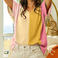 Crinkled Colorblock Patchwork V Neck T Shirt
