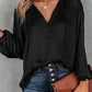 Pleated Balloon Sleeve Drawstring V-Neck Blouse
