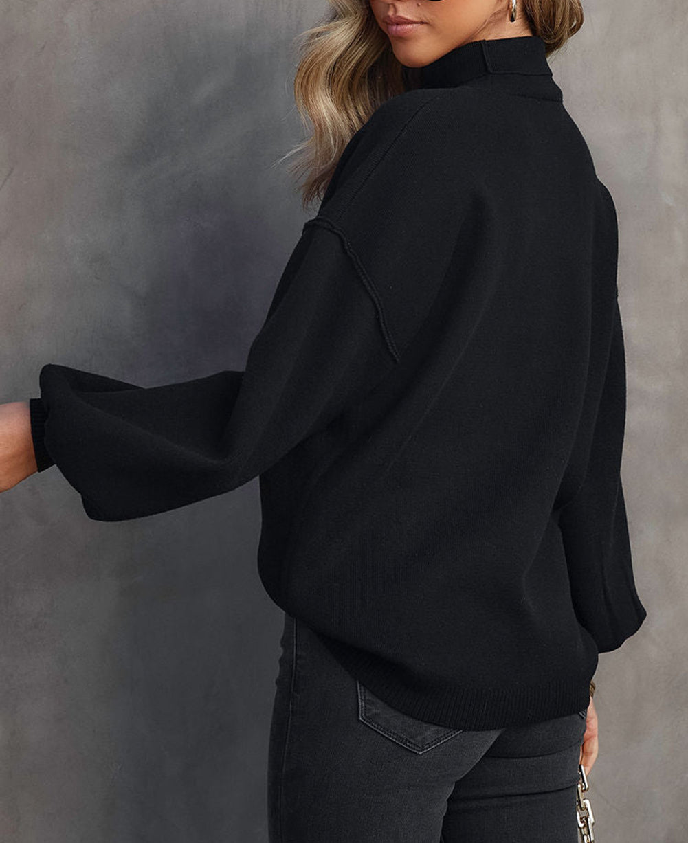 Turtleneck Drop Shoulder Bubble Sleeve Knit Sweater