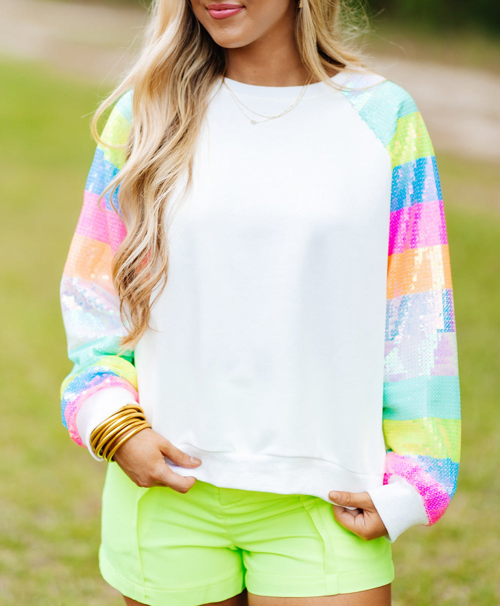 Sequin Color Block Raglan Sleeve Pullover Sweatshirt