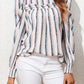 Striped Colorblock Puff Sleeve Frilled Neck Blouse