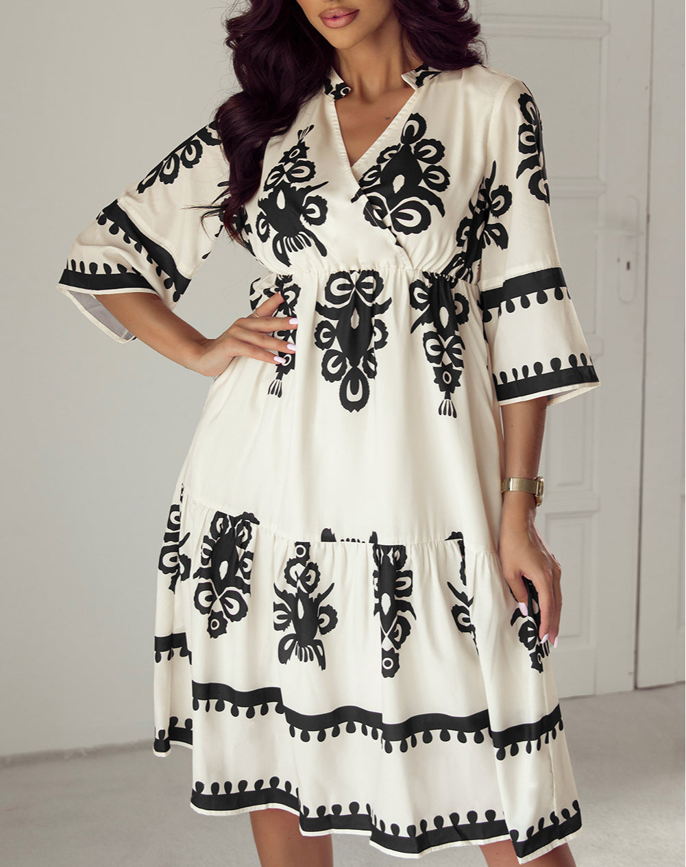 Western Geometric Print 3/4 Sleeve Loose Midi Dress