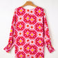 Geometric Print Shirred Cuff 3/4 Sleeve Loose Blouse