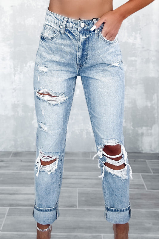 Light Wash Frayed Slim Fit High Waist Jeans