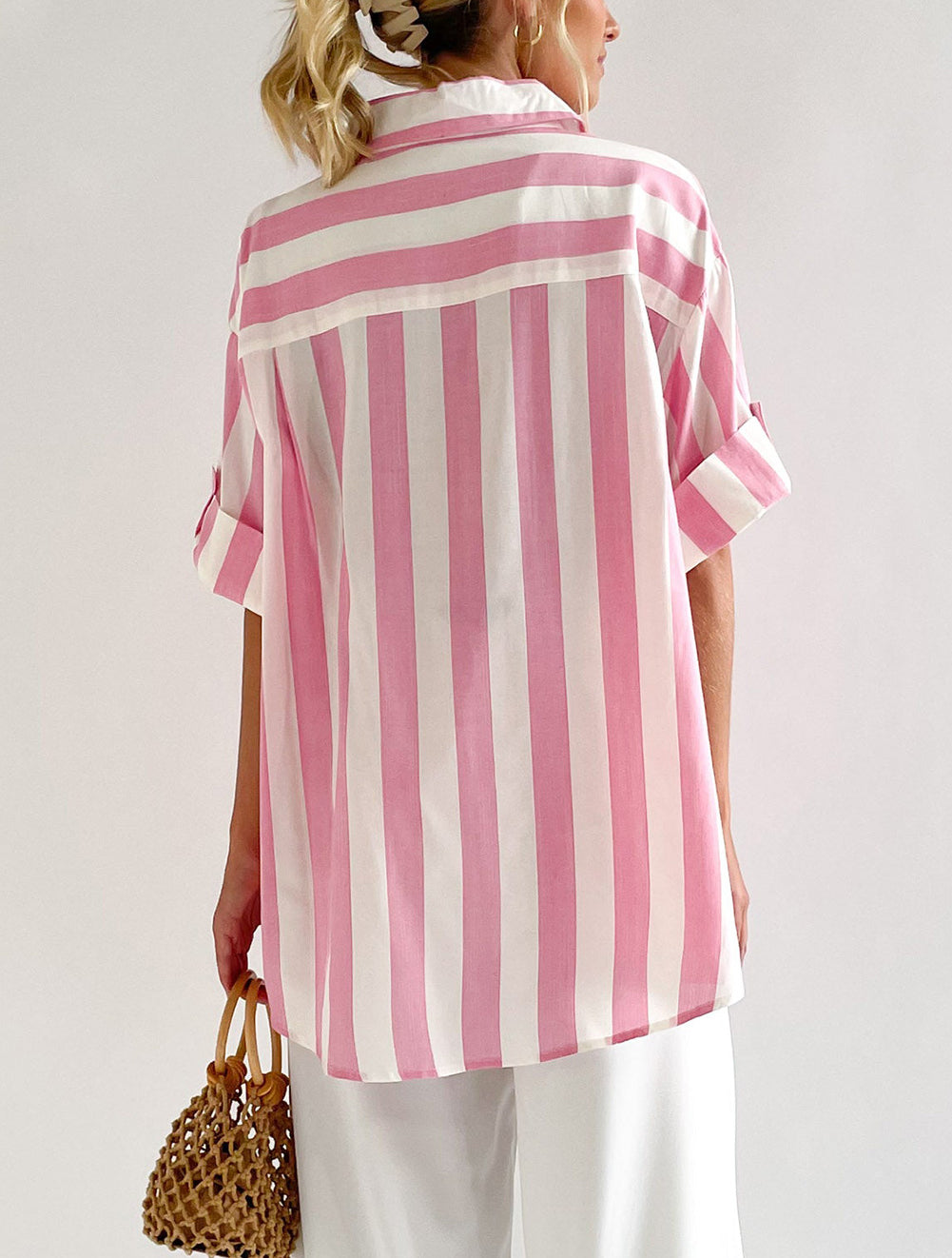 Striped Button Up Rolled Sleeves Shirt