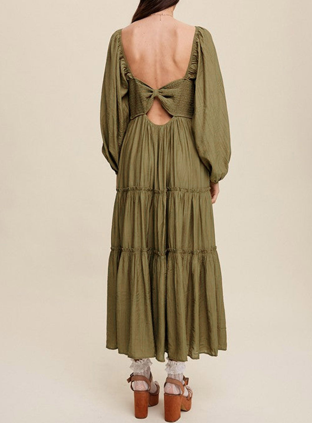 V Neck Bowknot Cutout Frill Tiered Maxi Dress