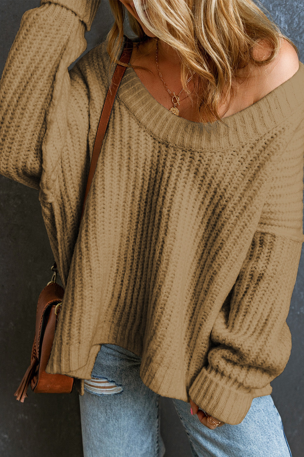 Ribbed Knit Round Neck Slouchy Chunky Sweater