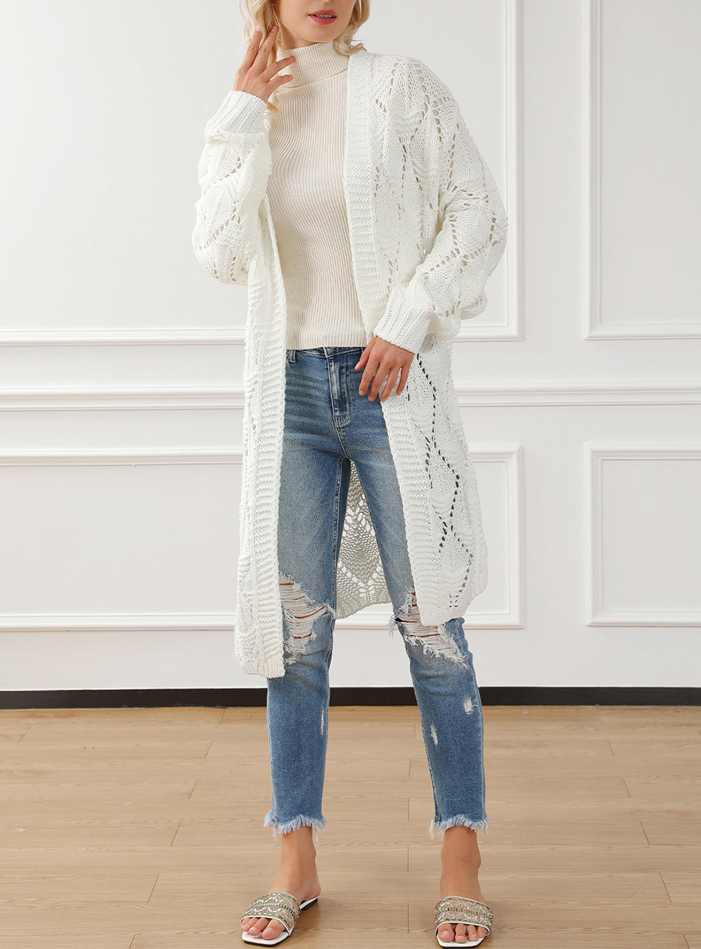 Rhombus Hollowed Knit Open Front Cardigan