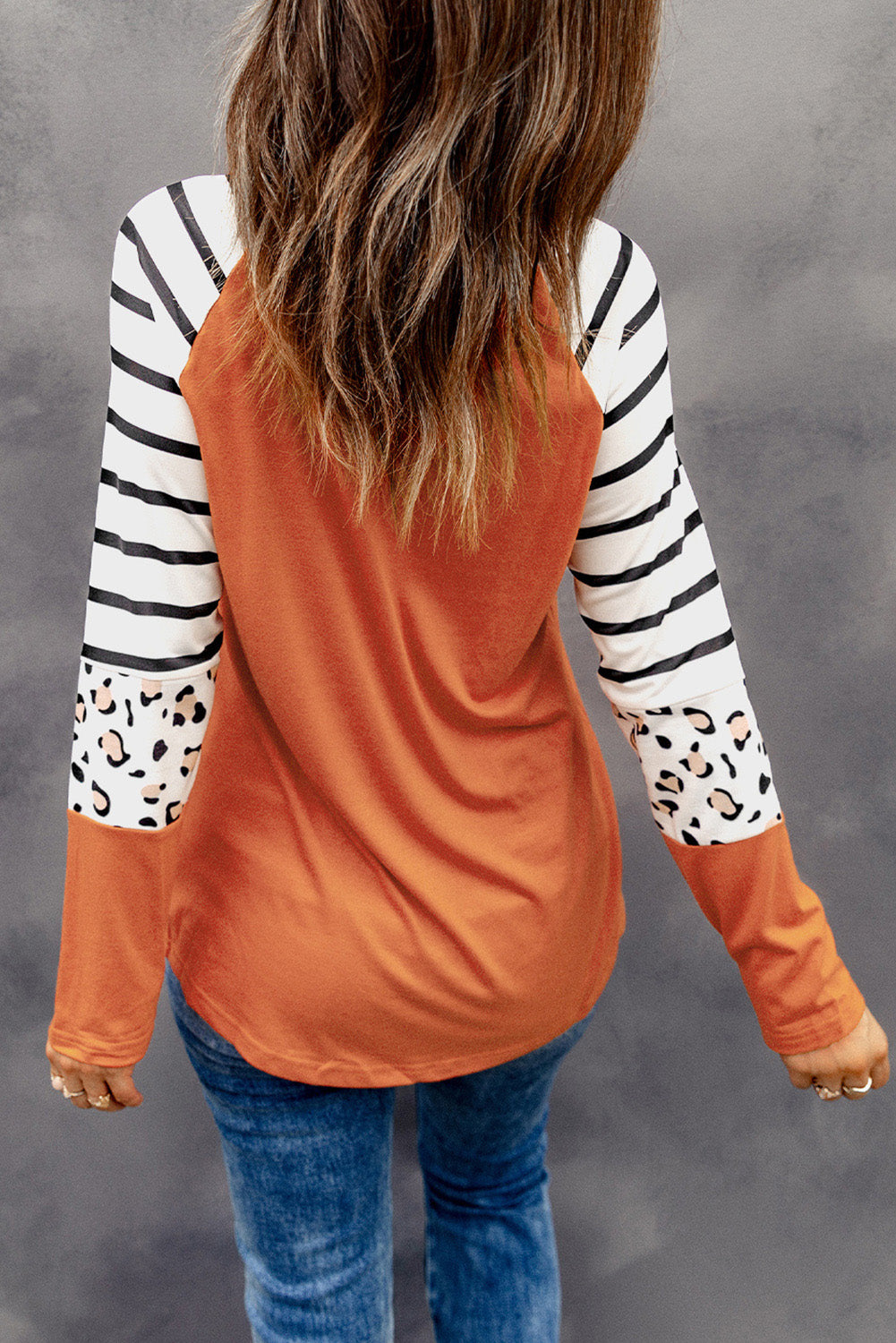 Pumpkin Leopard Striped Colorblock Long Sleeve T Shirt