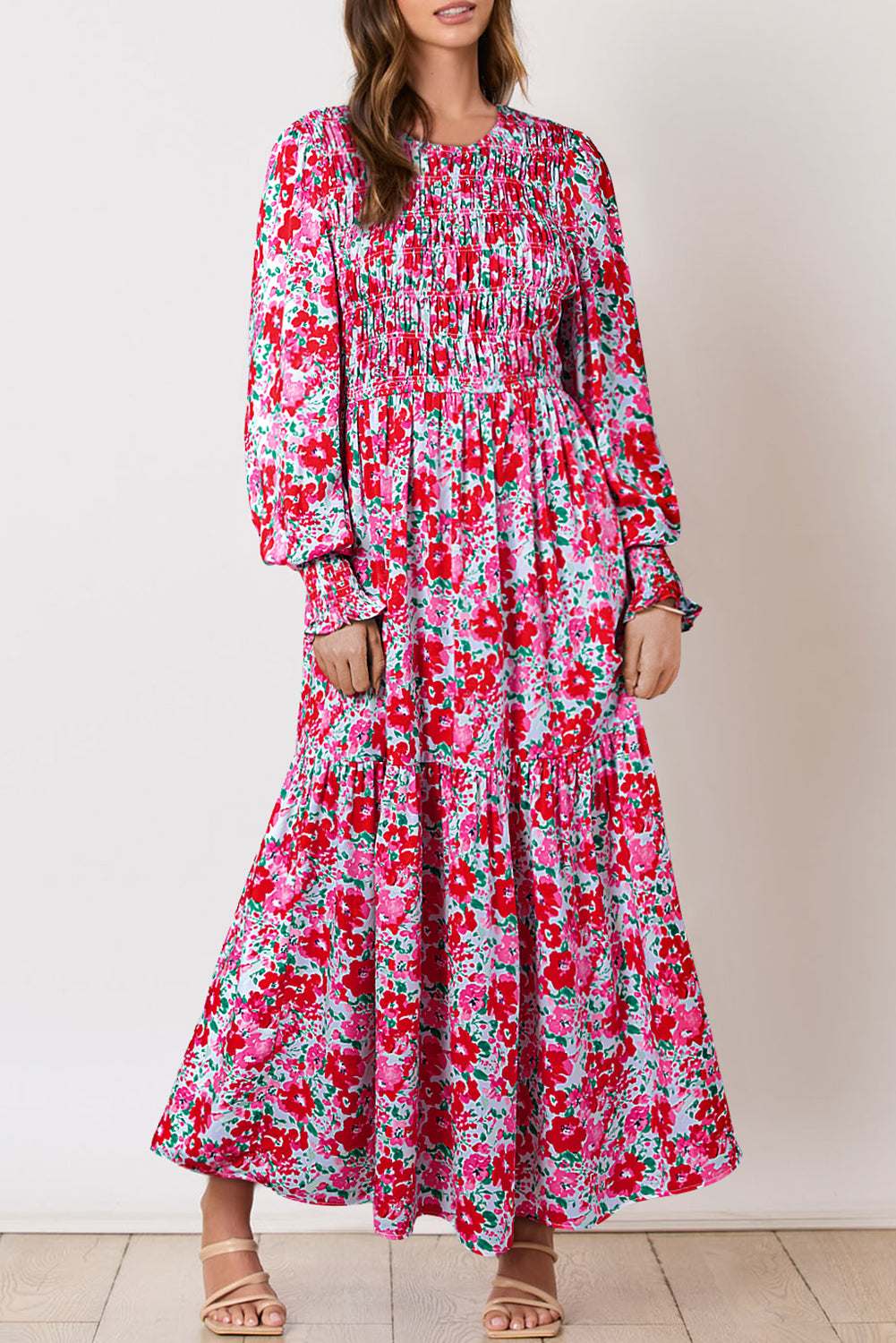 Floral Print Smocked Lantern Sleeve Tiered Maxi Dress