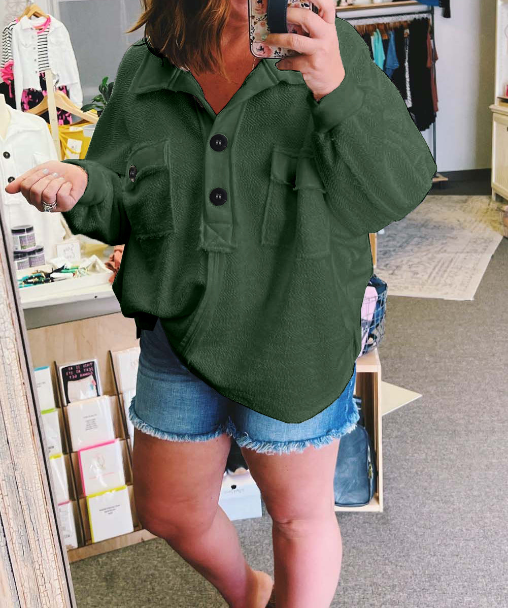 Plus Size Long Sleeve Flap Pocket Henley Top