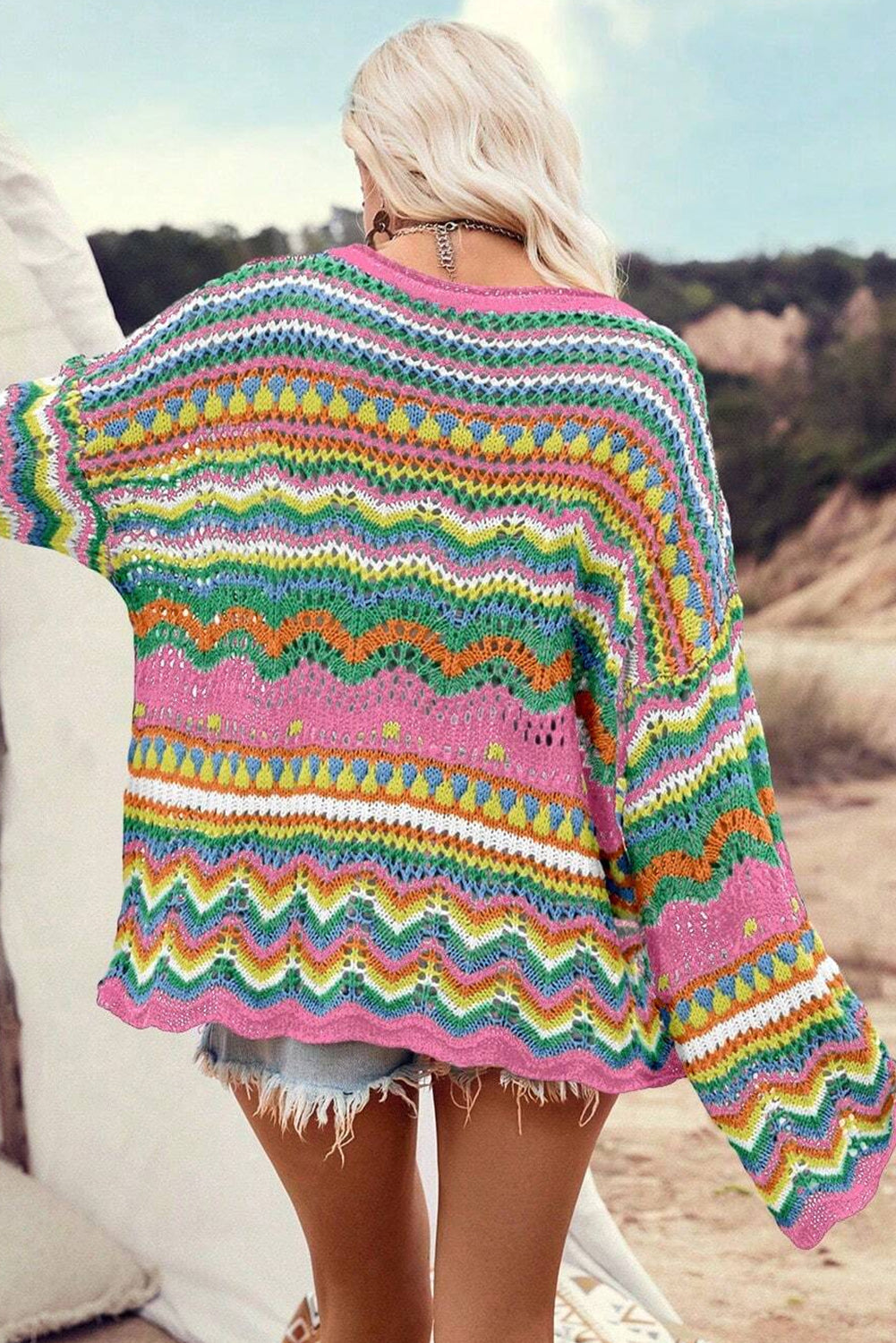 Colorblock Striped Hollowed Knit Loose Sleeve Sweater