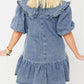 Ruffled Collared Side Pockets Puff Sleeve Denim Mini Dress