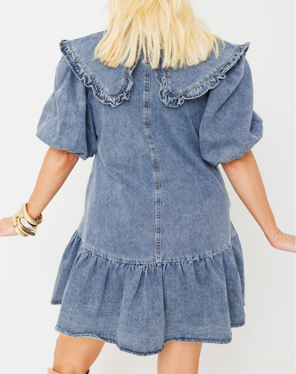 Ruffled Collared Side Pockets Puff Sleeve Denim Mini Dress