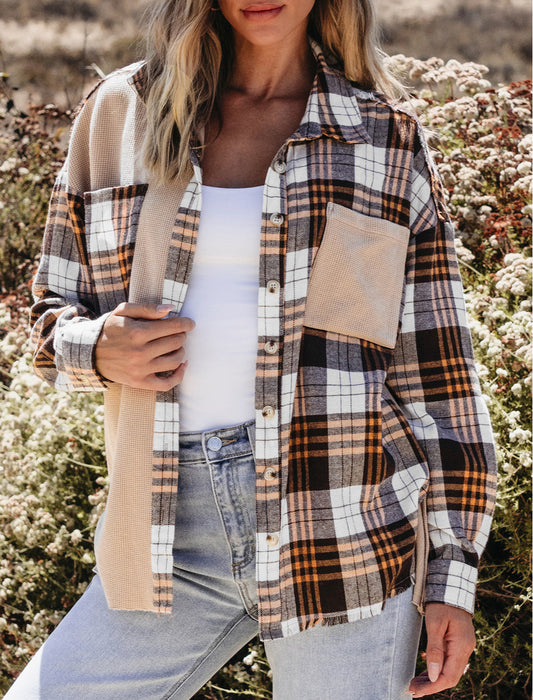 Thermal Knit Plaid Patchwork Shacket