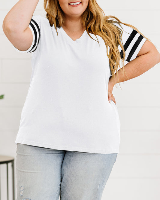 Plus Size Stripes Stitching Sleeve V Neck T-shirt