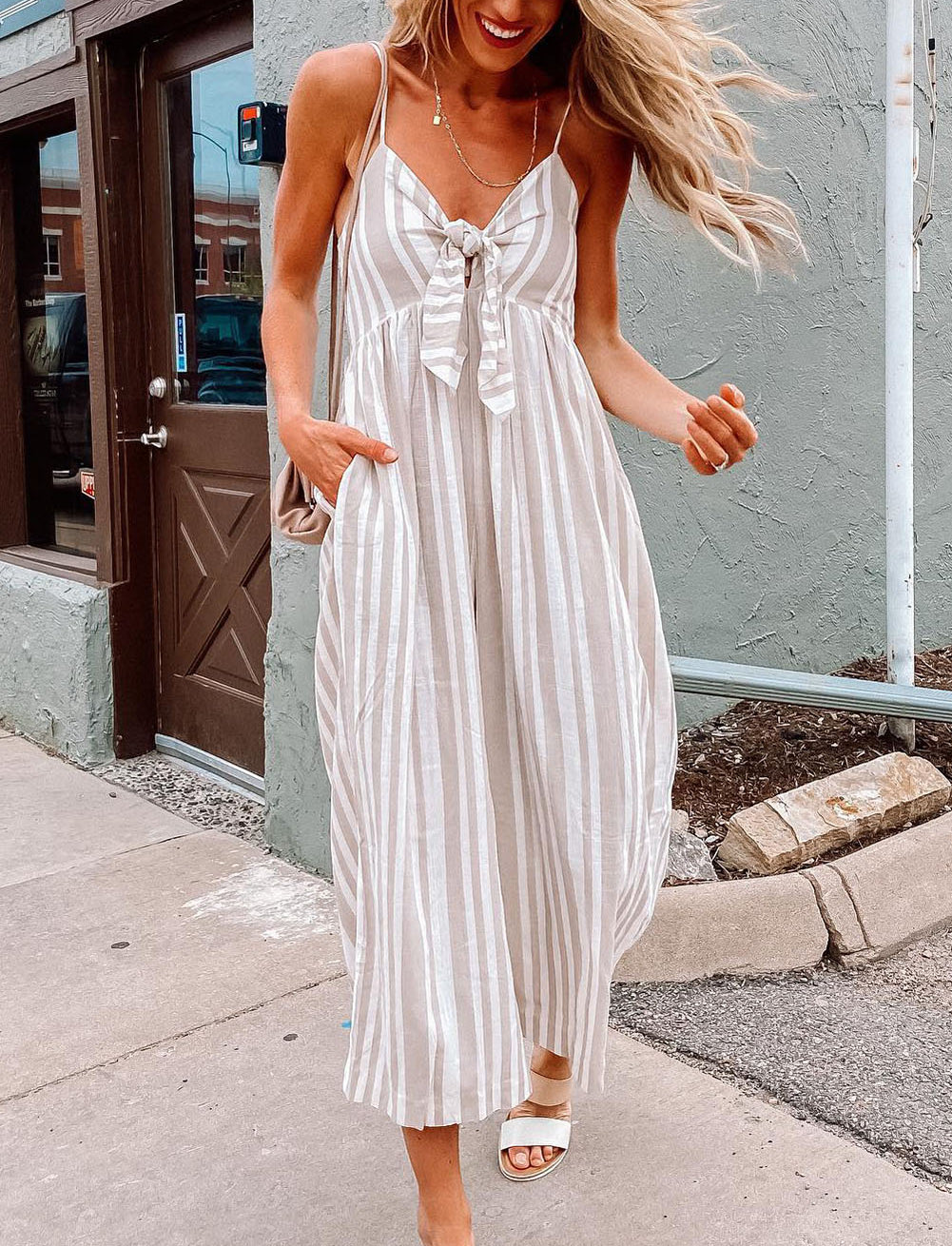 Front Knotted Striped Cropped Jumpsuit