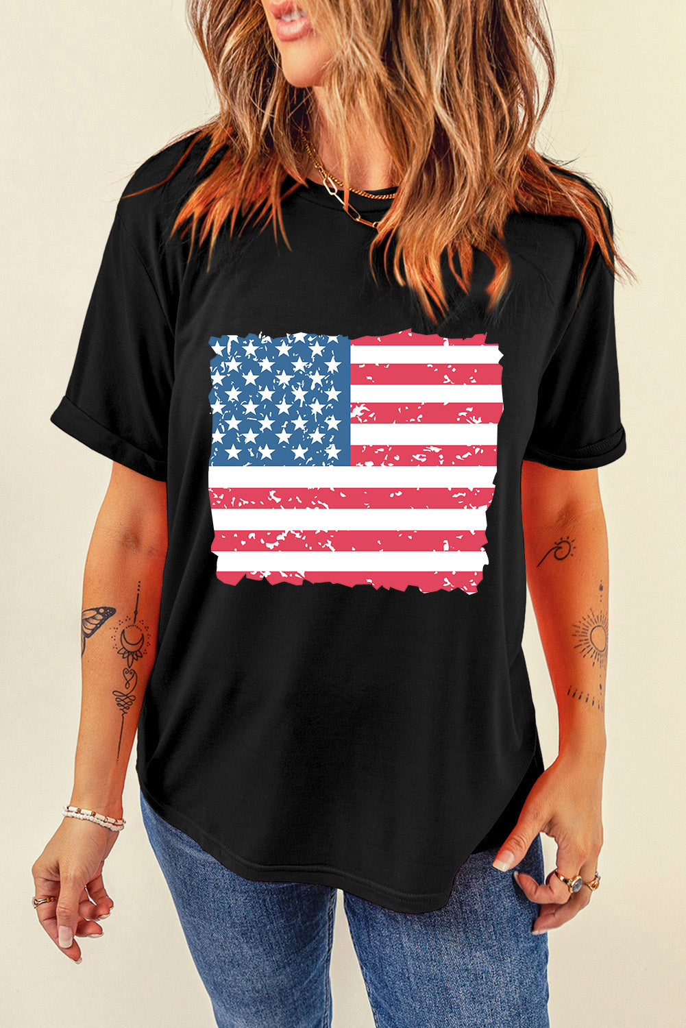 Frayed American Flag Printed Crewneck T Shirt