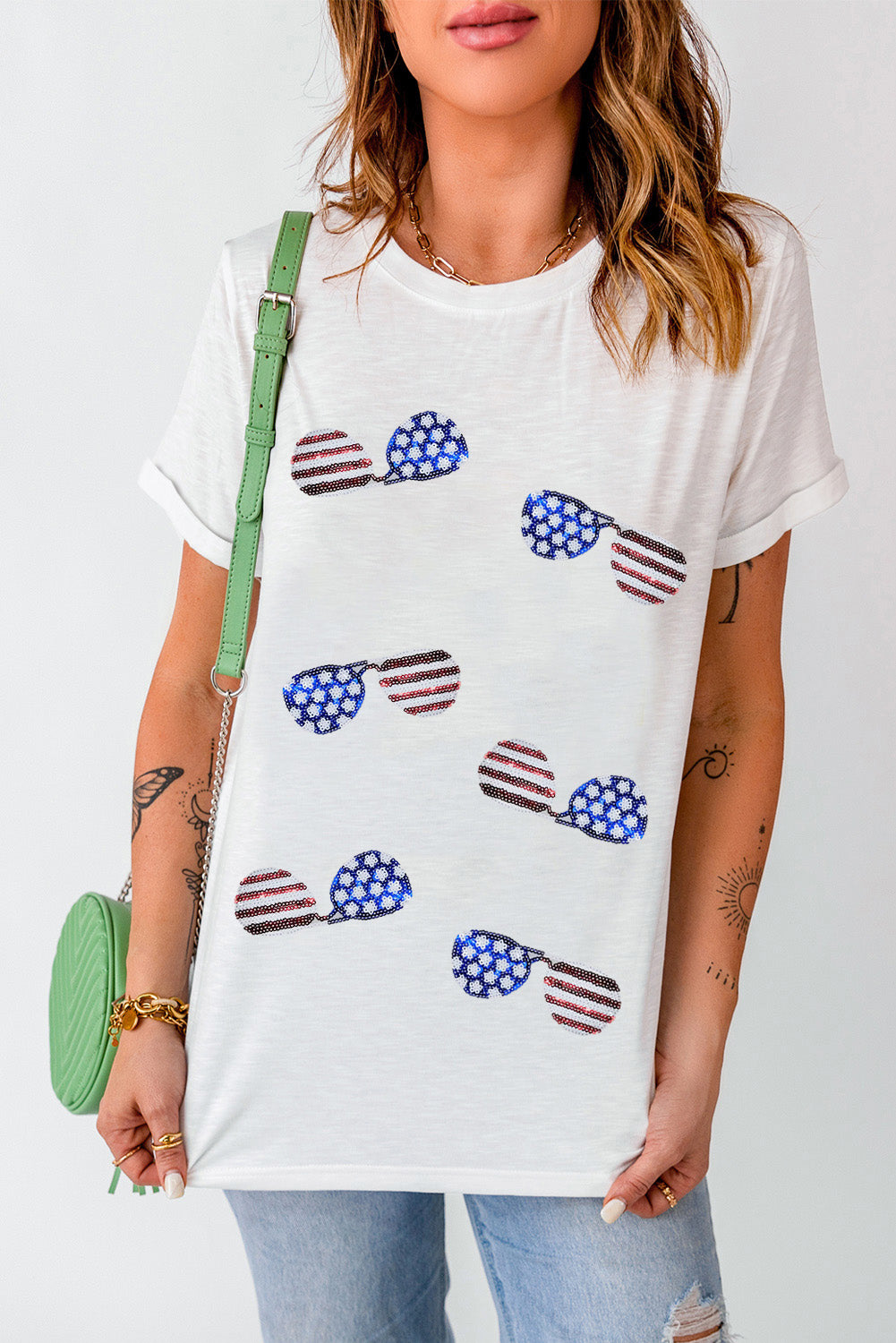 Sequined American Flag Sunglasses Crew Neck T Shirt