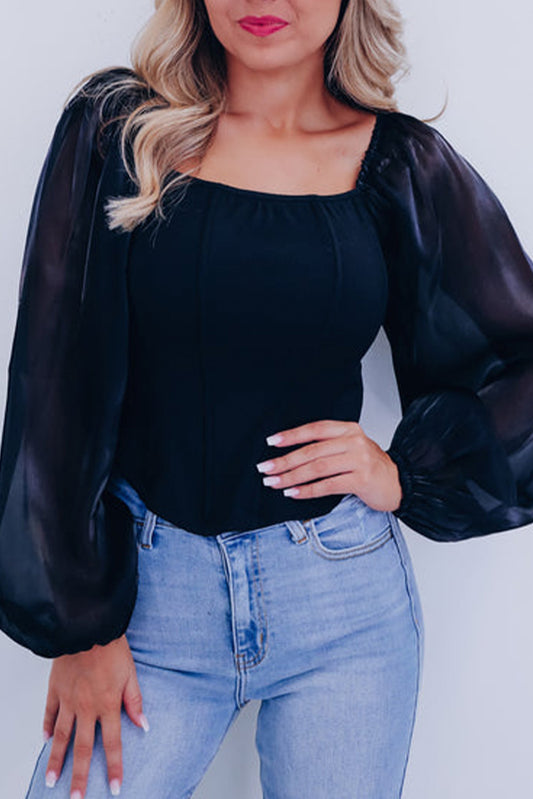 Sheer Lantern Sleeve Square Neck Top