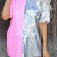 Pink Sequin Color Block Half Sleeve Shift Mini Dress